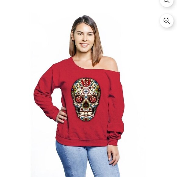 Red Oversized Off Shoulder Sugar Skull Day Of The Dead Sweatshirt Spider 2X - Picture 4 of 5